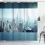 ABAKUHAUS New York Shower Curtain, Aerial View of a Big Crowded Modern City from the Office New York Buildings Urban, Cloth Fabric Bathroom Decor Set with Hooks, 78 Inches, Sky Blue