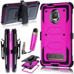 Moto Z2 Play/Moto Z2 Force Edition 2017 Case,Heavy Duty Shockproof[Kickstand][Belt Swivel Clip] Dual-Layer Full-Body Armor Rugged Protection Case with Built-in Screen Protector(Free Stylus) (Magenta)