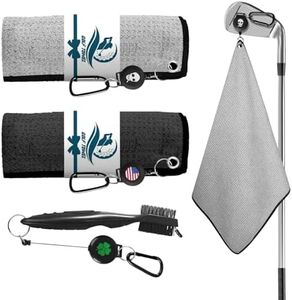 Amy Sport Golf Towels for Golf Bags for Women Men Value 2 Pack with 3 Strong Magnetic Retractable Carabiner and Black Brush, 16''X16'' Microfiber Waffle Pattern Towel Absorbent Set (Black&Gray)