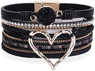 Leather Bracelet for Women Premium Leather Wrap Bracelet Pink Boho Cuff Bracelets Black Couples Bracelets Multi-layer Leather Wristband Boho Bead Bracelets Silver Friendship Bracelets, Zinc, other