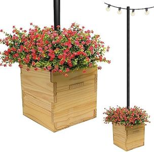 EXCELLO GLOBAL PRODUCTS Large Decorative Wooden Planter with Universal Pole Support for String Light Poles, Umbrella, Bird Feeders Solid Wood Outdoor Garden Patio Box for Plants, 14"x14"x14", Natural