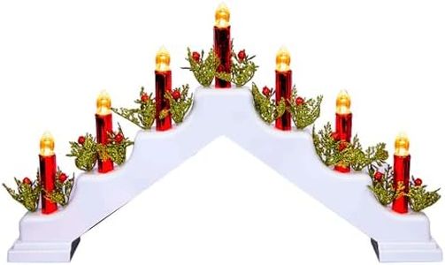 SHATCHI Latest Wooden Pre-Lit White Candle Bridge Light 7 LEDs Bulbs Metallic Red Candles - Battery or USB Powered - Window Christmas Tree Home Light Holiday Xmas Decoration