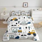 Cartoon Car Kids Comforter Set Construction Bedding Set Decor Equipment Trucks Comforter Cartoon Car Excavator Tractor White Yellow Duvet Set Bedroom Quilt Set 3Pcs Full