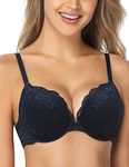 WingsLove Women's Push Up Bra Floral Lace Padded Underwire Bra Demi Plunge (Navy Blue,34C)