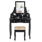 COSTWAY Vanity Desk Set with Mirror, Vanity Desk and Cushioned Stool Set with 5 Storage Drawers, Makeup Dressing Table for Bedroom Women Girls (Black)