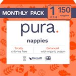 Pura Eco Baby Nappies - Size 1 (2-5kg / 4-11lbs), 6 x 25 Nappies (150 Total), Monthly Pack, Newborn Nappies for Sensitive Skin, Organic Cotton, Wetness Indicator, Umbilical Cord Cutout, New Size Guide