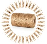 ABSOFINE 328 Feet Jute Twine 3-ply and 100 Pieces Mini Natural Wooden Craft Clothespins Craft Pegs Clips for DIY Gardening Making Decor