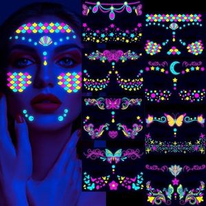 Glow in The Dark Temporary Tattoos, UV Neon Fluorescence Waterproof Tattoo Stickers Face Fake Tattoo for Adults Women Rave Festival, Black Light Neon Party Decorations, Makeup Accessory Party Supplies (Multicolor)