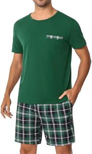Leversic Verano Conjunto de Pijama Hombre Ropa de Dormir de Algodón Camisetas de Pijama a Rayas de Manga Corta y Pantalones Cortos para Dormir con Bolsillos(Verde,L)