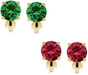 Brilliant Cut Set of 2 Simulated Gemstone Emerald Green Ruby Red Solitaire Round Cubic Zirconia CZ Clip On Stud Earrings For Women Non Piercing Gold & Silver Plated Brass