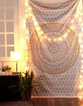 RAJRANG Golden Ombre Mandala Tapestry - Cotton White and Gold Wall Hanging Boho Bohemian Hippie Tapestries for Bedroom Aesthetic Dorm Decor Twin Bedspread 127x152 cm