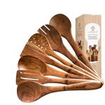 CRAFTY HEAVEN Wooden Spoon Set for Cooking Natural Sheesham Lakdi Chamach Set Handmade Kitchen Items Include Frying, Serving, Spatula, Chapati, Rice Spoons Nonstick Safe Ideal for Gifting Set of 7