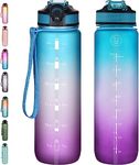 Navtue 1L Water Bottle with Straw, Sports Drinks Bottle with Time Markings, Leak Proof, Tritan BPA free for School/Cycling/Running (BluePurple)