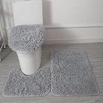 EHOTER 3pcs Upgraded Bath Rugs Set Thickened Bathroom Rug Soft Microfiber Bath Absorbent Mats Includes Bath Rug Contour Mat Toilet Seat Cover Bath Rug Set with Non-Slip Rubber Backing (Grey)