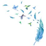 Teniinet Blue Feathers Wall Decor Stickers, Creative Hummingbird Feather Window Peel and Stick Wallpaper Deacls, DIY Art Mural for Living Room Bedroom Kitchen Laundry Room Classroom