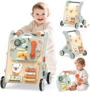 WOODMAM Wooden Baby Walker, Adjustable Speed Baby Push Walker for 1 Year Old, 10-in-1 Montessori Walker for Boys & Girls, Toddler Sit-to-Stand Learning Toy with Detachable Busy Board