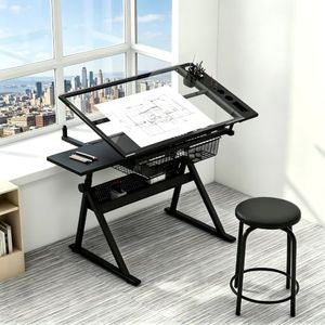 Garvee Drafting Table w/Stool, Height Adjustable Drawing Table, Multifunctional Art Craft Paintings Work Station w/2 Storage Drawers, 0-75° Tilting Glass Tabletop for Home Office, Black