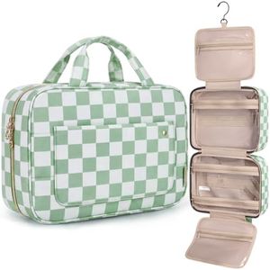 BAGSMART Toiletry Bag Travel Bag with Hanging Hook, Water-resistant Makeup Cosmetic Bag Travel Organizer for Accessories, Shampoo, Full-size Container, Toiletries (Green Checkerboard, Large)