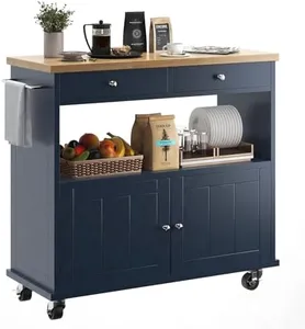 knoworld Rolling Kitchen Island with Storage Cabinet, 35.4'' Width Kitchen Cart, 2 Drawers Island Table, Portable Mobile Kitchen Island with Towel Rack, Wood Top and Lockable Wheels, Blue