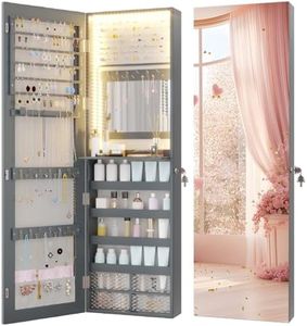 Vlsrka 47.2" LED Grey Jewelry Mirror Cabinet, Wall/Door Mounted Jewelry Armoire Organizer with Full-Length Mirror, Large Capacity Storage Hanging Cabinet, 4 Drawers, 5 Shelves