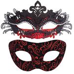 SIQUK Couple Masquerade Masks Metal Venetian Party Mask Halloween Costume Mask Mardi Gras Mask for Couples Women and Men, Inlaid Alloy Black and Red