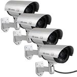 Fake Security Camera Dummy CCTV Surveillance System with Realistic Red Flashing Lights and Warning Sticker (4 Silver)