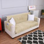 HOKIPO Quilted Velvet Sofa Cover with Pockets for 3 Seater, Natural Beige (IN-769)