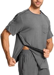 Post Shoulder Surgery Shirts, Men's Short Sleeve Post Surgery Shirt with Premium Snap, Chemo Clothing, Rotator Cuff Clothing After Surgery Grey