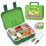 Lehoo Castle Lunch Box for Kids, 1250mL Bento Box Lunch Containers with 5 Compartments, Kids Bento Lunch Box with Cutlery, Leak-Proof, BPA Free, Microwave Safe(Construction Vehicles)