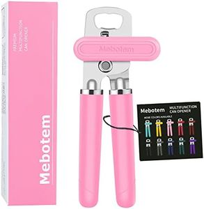 Mebotem 10 Colors Can Opener Manual Handheld Heavy Duty Hand Can Opener Smooth Edge Stainless Steel Can Openers Top Lid Kitchen Gadgets, Best Large Rated Easy Turn Knob, with Bottle Opener, Pink