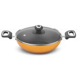 ‎Preethi Dura Collection Non Stick Kadai, 26 cm, with Glass Lid, Gas & Induction Compatible, 5 Star Non Stick Effect, Turmeric Yellow