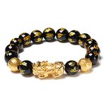 Edinber Black Obsidian Wealth Bracelet,Chinese feng Shui Bead Bracelet,Golden Pi Xiu Lucky Wealthy Amulet Bracelet,Hand Carved Amulet for Good Luck Wealth