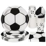 PARTY GO 96 Pcs Football Party Tableware Set, Paper Plates Cups and Napkins, Disposable Dinnerware Party Supplies for Birthday, Black White Football Soccer World Cup Decorations Serve 24 Guests