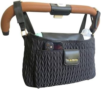 BeMums Universal Stroller Caddy/Organizer with Insulated Cup Holder, 2-in-1 Shoulder Strap for Easy Use, Faux Leather & Gold Details - Fits UppaBaby, Mockingbird, Nuna, Pet Strollers & More