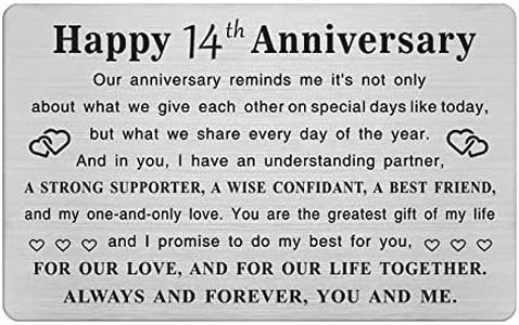 TGCNQ Metal Engraved 14 Year Anniversary Card, 14th Anniversary Card Gifts for Husband Wife Him Her, 14 Year Wedding Anniversary Decorations
