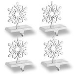 Snowflakes Christmas Stocking Hanger 4 Pack Metal Stocking Holder Stand 3D Sliver Sturdy Stocking Hook Christmas Ornaments for Tables Window Fireplace Mantle Home Decoration