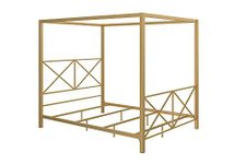 DHP Rosedale Metal Canopy Bed Frame with Four Poster Design and Geometric Accented Headboard and Footboard, Underbed Storage Space, Queen, Gold