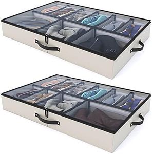 Woffit Under Bed Shoe Storage Organizer - Set of 2 Large Containers, Each Fits 12 Pairs of Shoes - Sturdy Box w/Adjustable Dividers - Underbed Shoe Storage for Kids & Adults, Beige