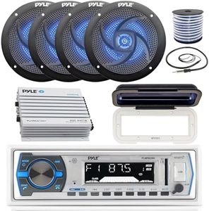 Pyle in-Dash Marine Boat AM/FM USB AUX Radio Headunit Receiver Bundle Combo with 4X 4'' Full-Range 2-Way 100W Blue Light LED Speakers, 4-Channel Waterproof Amplifier, Radio Shield, Wire, Antenna