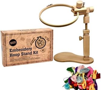 Hand Embroidery Kit with 8” Hoop, Stand, and 24 Assorted Color Threads, Beginner Sewing and Needlepoint Bundle with Accessories, Hands-Free Adjustable Frame for Arts, Crafts, and Hobbyists