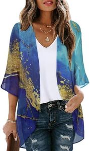 Women's Floral Print Puff Sleeve Kimono Cardigan Loose Cover Up Casual Blouse Tops(Gloden Blue,XXL)
