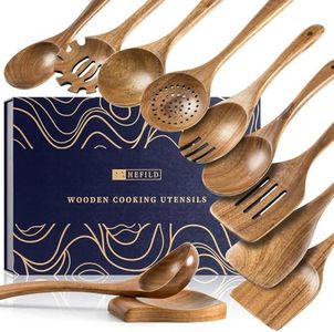 Hefild Wooden Spoons for Cooking, Nonstick Cooking Utensil Set with 10 Piece Acacia Wooden Spatulas and Spoons, as well as a Extra Whole Wood Spoon Rest, Terrific for Everyday Kitchen Tasks
