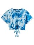 SweatyRocks Women's Short Sleeve Tie Dye Tie Hem Summer Crop T-Shirt Tops Blouse, Tie Dye Blue, Medium