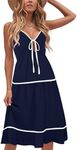 ECOWISH Women Tie Front Dress: Summer 2025 Spaghetti Strap Cutout Midi Dress Casual A-Line Sleeveless Contrast Flowy Sundress 432 Navy Blue L