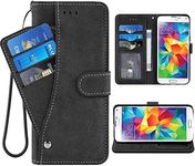 ELISORLI Compatible with Samsung Galaxy S5 Wallet Case and Wrist Strap Lanyard Leather Flip Card Holder Stand Cell Phone Cover for Glaxay S 5 Neo Gaxaly 5S Galaxies GS5 G900A G900T Women Men-Black