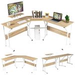 Tangkula L-Shaped Reversible Computer Desk, 2 Person Long Computer Workstation w/Movable Monitor Stand, Large Home Office Corner Desk for Working Writing Gaming (Natural)