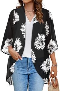 Women's Kimono Cardigan Loose Casual Cover Up Print Puff Blouse Summer Tops (Black White Flowers, 2XL)