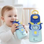 R for Rabbit Steebo Zoobie Premium Stainless Steel Water Sipper for Kids, Spill Proof BPA Free Soft Silicone Straw Drinking Sipper for Kids (550ml, Blue Deer)