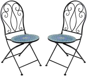 Sunnydaze Mosaic Tile Folding Bistro Chairs with Iron Frame - Set of 2 - Compact Folding Design - Black Frame with Scroll Back