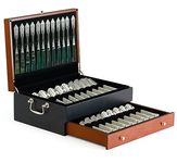 Silverware Storage Box Flatware Storage Case with Dual Tone Wooden Finish Drawer and Tarnish Proof Felt Lining to Store Sterling Silver Ware Cutlery Sets 15x11 Inch Size Service for 14